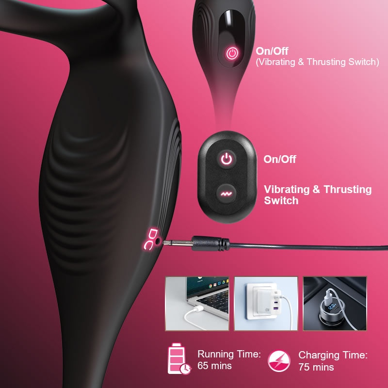 Horsfall - 9 Thrusting & Vibrating Prostate Massager with Dual Cock Ring Anal Toy